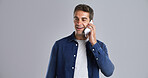 Studio, phone call and happy man talking for communication, news update or story. Mobile, conversation and person chat with contact for connection, listen and gossip with mockup space on background