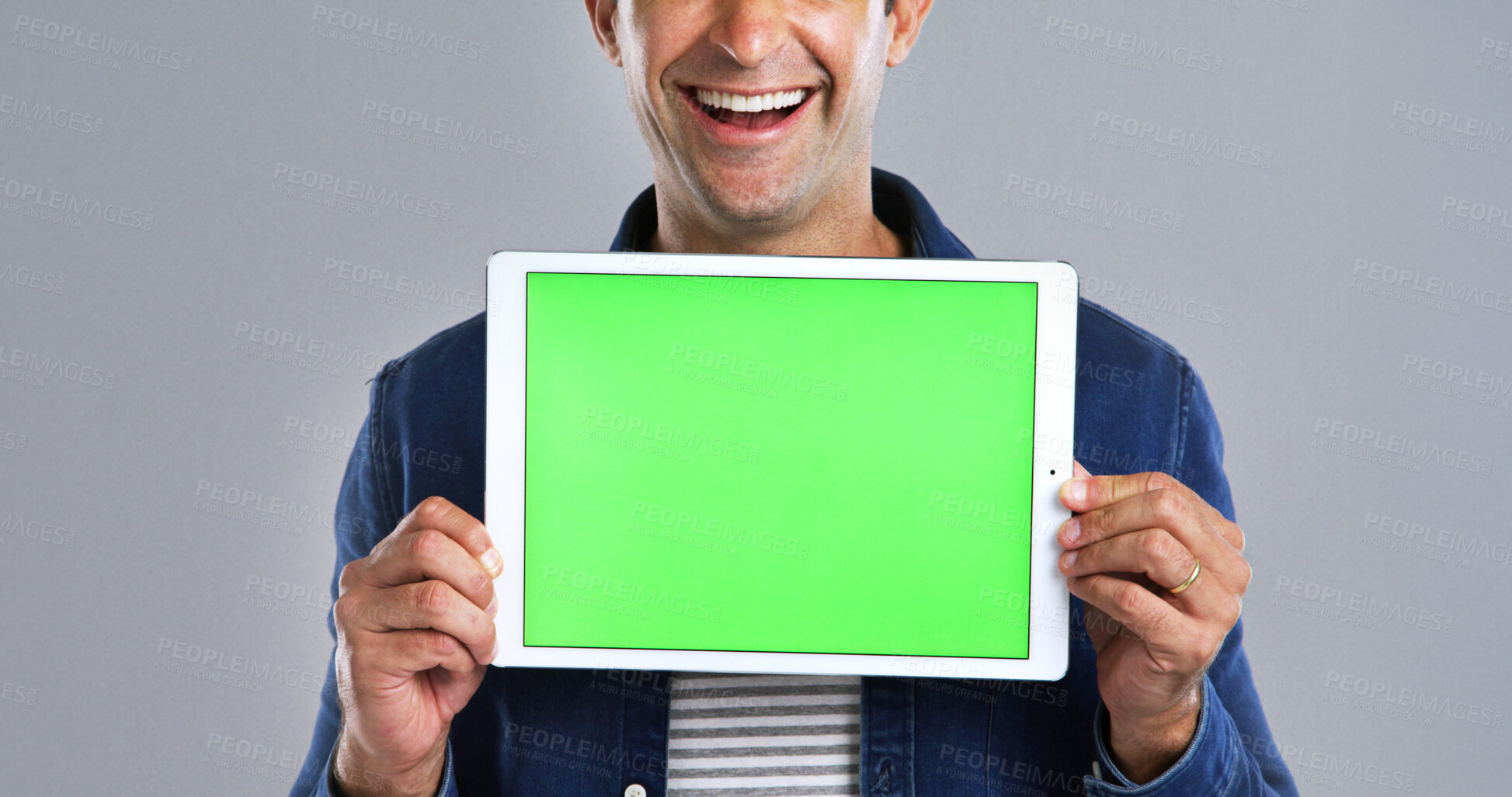 Buy stock photo Tablet, man and green screen with mockup in studio, UI advertising or website ads for blog. Hands with display space, technology or marketing for streaming subscription with promo on white background