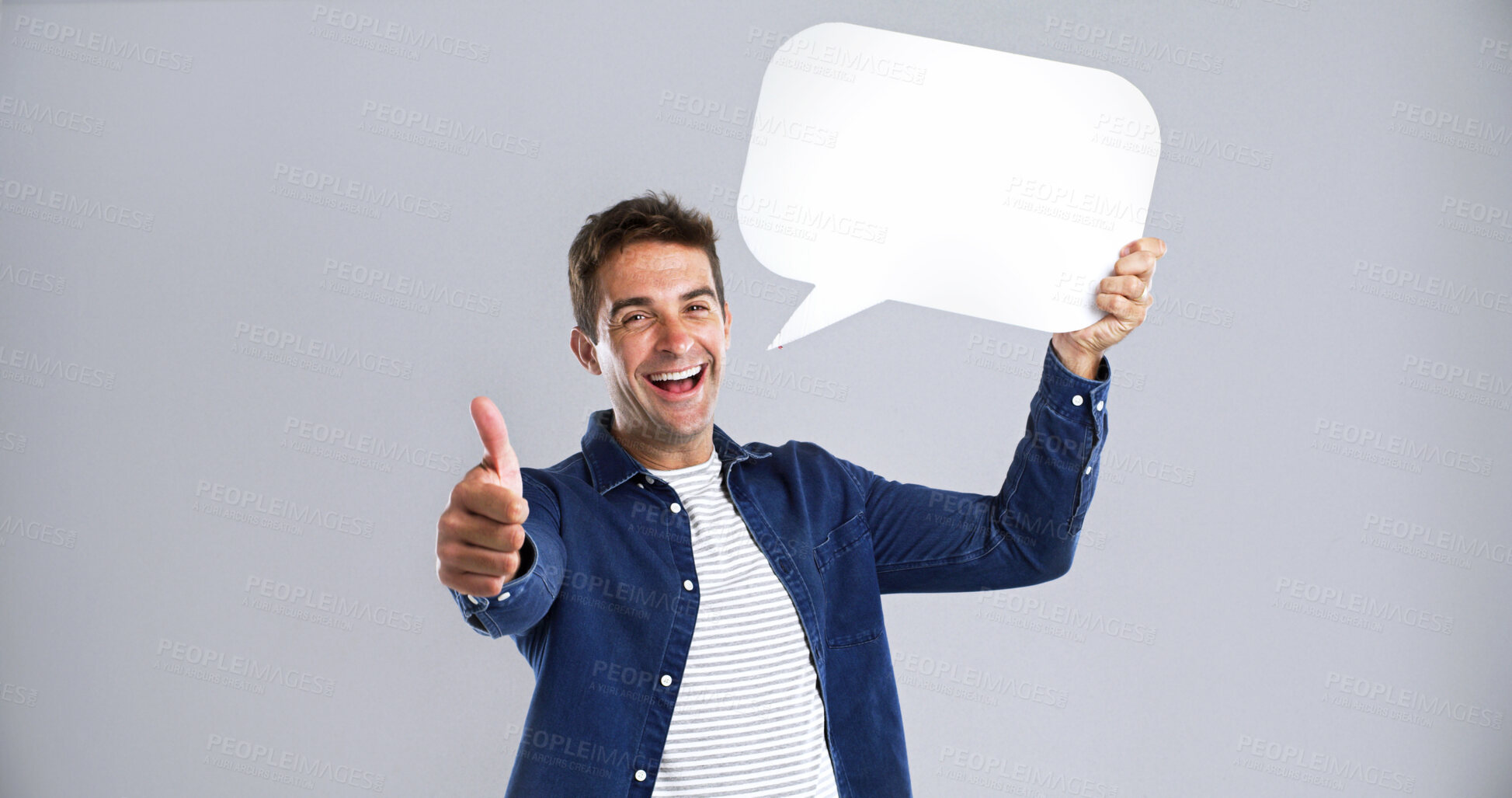 Buy stock photo Thumbs up, happy man and speech bubble in studio for social media, communication or feedback. Person, dialogue balloon and like hand for funny joke or portrait on white background with mockup space