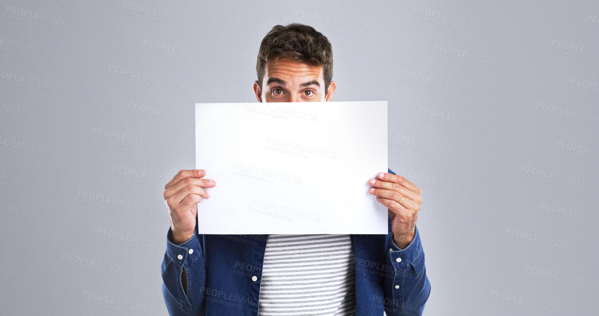 Buy stock photo Man, portrait and presentation with billboard in studio for advertising on white background. Male person, model or showing with poster or sign for message, notification or marketing on mockup space