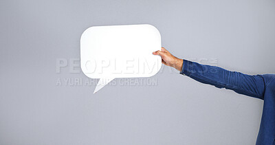 Buy stock photo Speech bubble, social media and hand of person in studio for announcement, feedback or voice. FAQ, language or chat for communication, mockup space for forum and information on white background