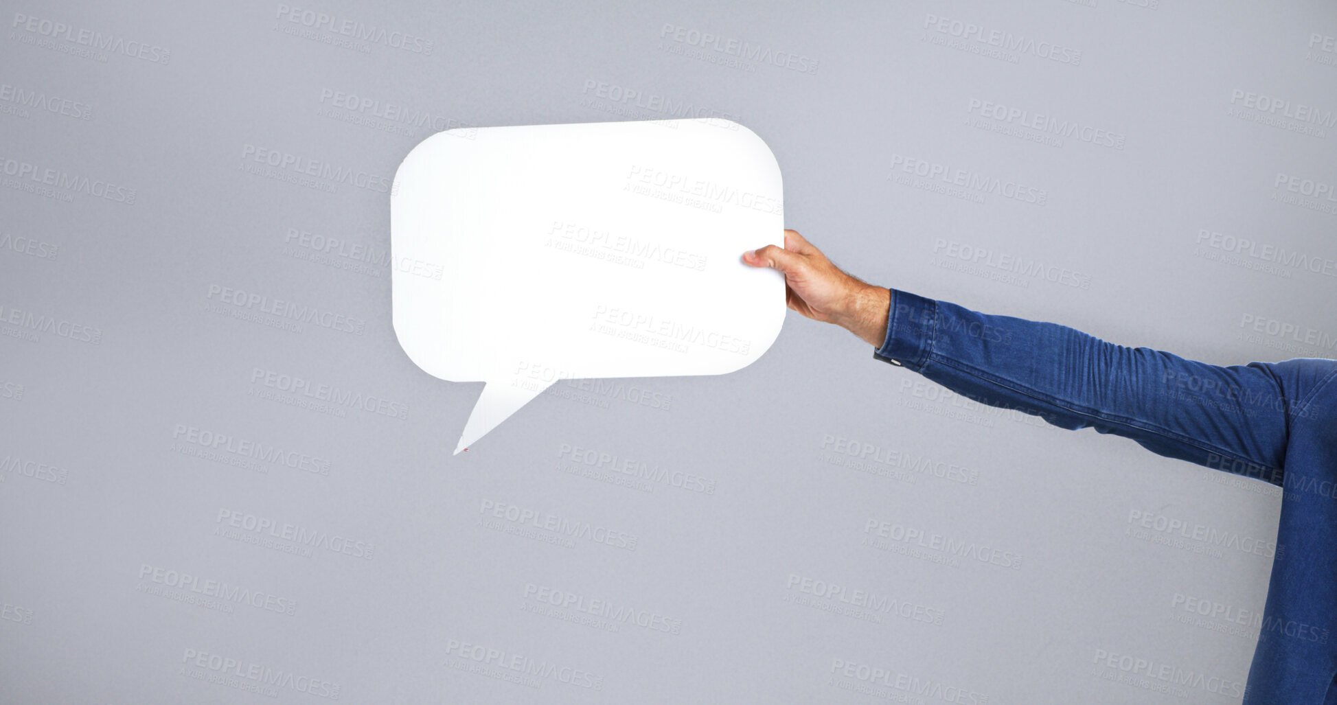 Buy stock photo Speech bubble, social media and hand of person in studio for announcement, feedback or voice. FAQ, language or chat for communication, mockup space for forum and information on white background