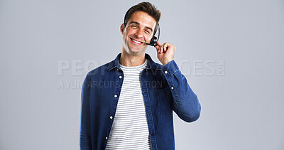 Buy stock photo Happy man, portrait and call center agent with headset in studio for CRM on white background. Male person, consultant or virtual assistant with smile for customer service or online advice on space