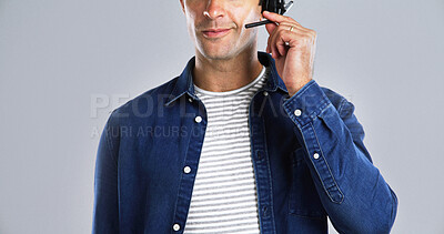 Buy stock photo Mic, mouth and man with call center in studio for communication agent, contact us and CRM. Hand, help desk or inbound with customer service, consultant and headset for advice on white background
