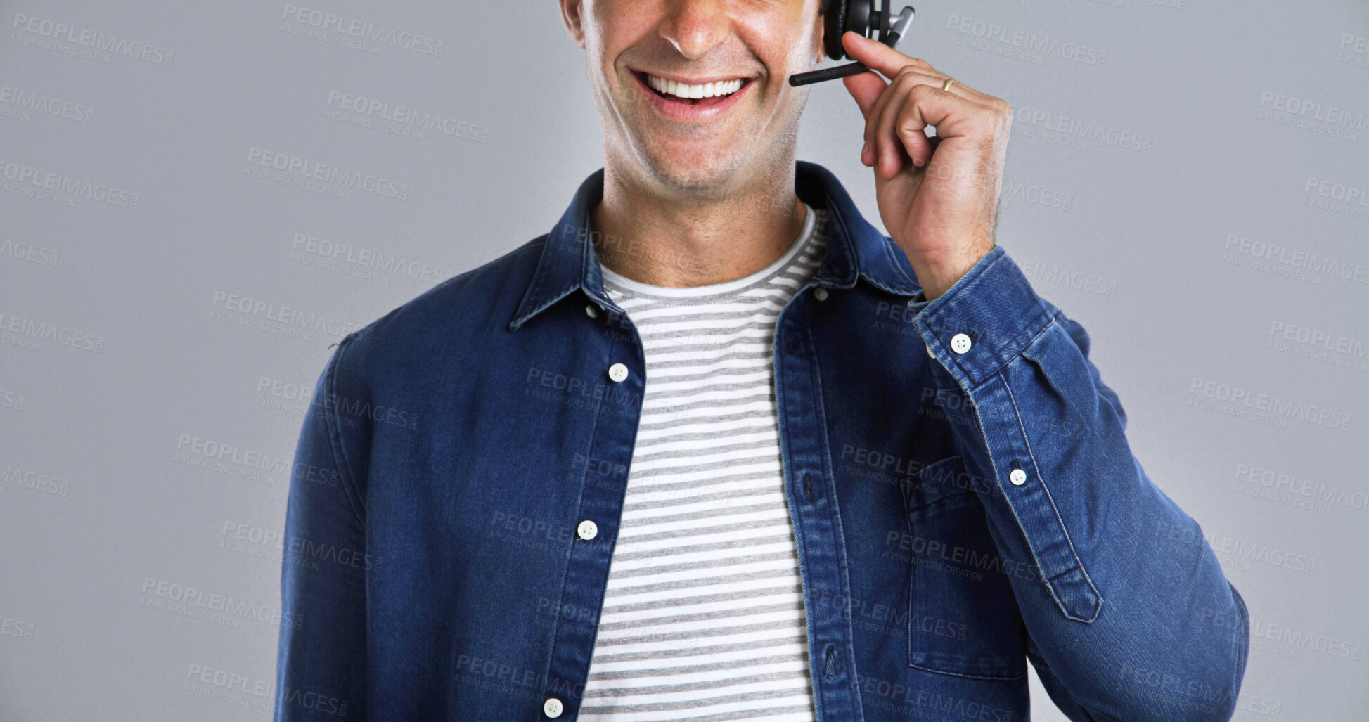 Buy stock photo Happy man, mouth and consultant with headset in studio for customer service on white background. Male person, agent or smile with mic for online advice, telecommunication or virtual assistance