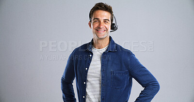 Buy stock photo Happy man, portrait and agent with headset in studio for call center service on white background. Male person, consultant or virtual assistant with smile for telesales or online advice on space