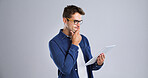 Programmer, tablet or man with thinking in studio for software glitch, planning or troubleshooting. Mockup, web developer and confused with coding mistake, system solution or test on white background