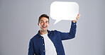 Speech bubble, social media and man in portrait in studio for announcement, feedback or voice. FAQ, language or chat for communication, mockup space for forum and information on white background