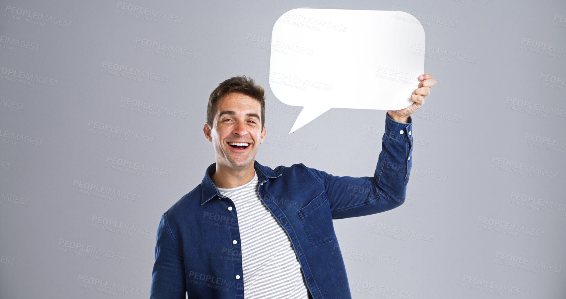 Buy stock photo Speech bubble, social media and man in portrait in studio for announcement, feedback or voice. FAQ, language or chat for communication, mockup space for forum and information on white background
