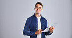 Tablet, model and smile with portrait in studio for social media, internet and website app. Happy, man and isolated on white background with technology for digital networking, e book or research