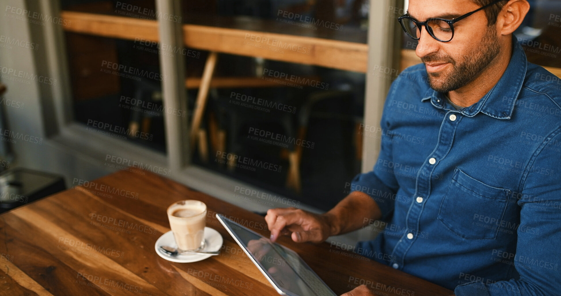 Buy stock photo Thinking, business and man in cafe, tablet and graphic designer with email for project. Person, freelancer and entrepreneur in restaurant, internet and creativity with website info, typing and app