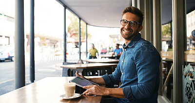 Buy stock photo Portrait, remote work and tablet with man in cafe to research for small business startup. App, smile and website with happy freelance employee at table of coffee shop or restaurant as customer