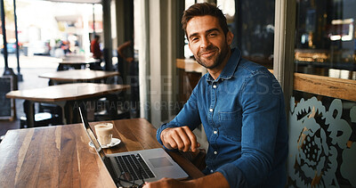Buy stock photo Laptop, portrait and remote work with man in coffee shop to research for small business startup. Computer, schedule and website with freelance employee at table of cafe or restaurant as customer