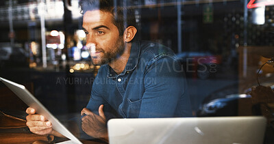 Buy stock photo Thinking, glass window and man in cafe, tablet and graphic designer with email for proposal. Person, freelancer and entrepreneur in restaurant, ideas and creativity for project, choice and decision