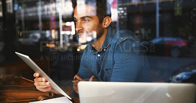 Buy stock photo Thinking, window and man in restaurant, tablet and graphic designer with email for project. Person, freelancer and entrepreneur in cafe, decision and creativity with website info, solution and app