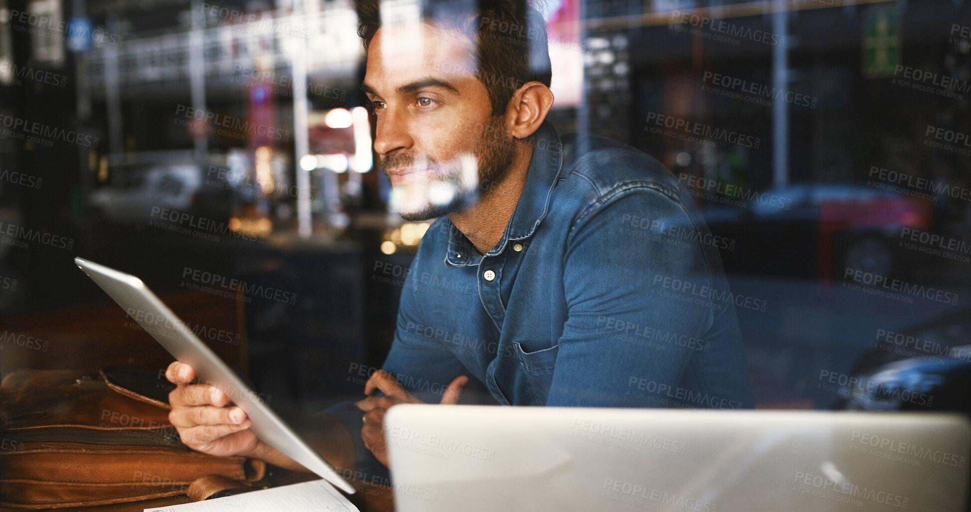Buy stock photo Thinking, window and man in restaurant, tablet and graphic designer with email for project. Person, freelancer and entrepreneur in cafe, decision and creativity with website info, solution and app
