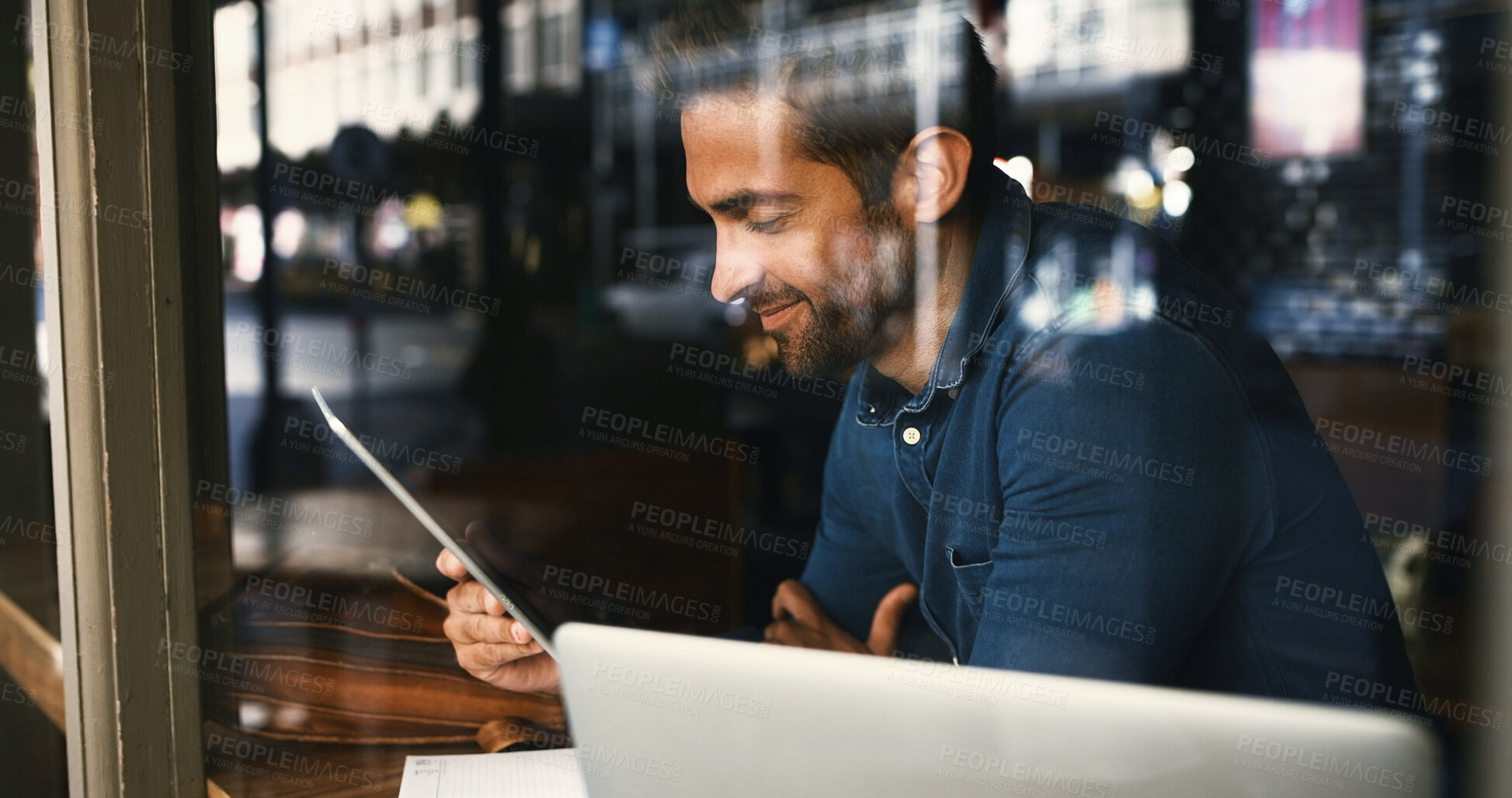 Buy stock photo Tablet, window and man in coffee shop for remote work, update review or journalist check email. Technology, cafe and happy freelancer on internet to research news, report and reading headline online