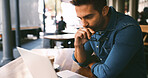 Thinking, business and man in cafe, laptop and graphic designer with email for feedback. Person, freelancer and entrepreneur in restaurant, pc and creativity with website info, decision and solution