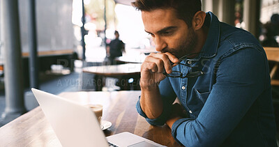 Buy stock photo Thinking, business and man in cafe, laptop and graphic designer with email for feedback. Person, freelancer and entrepreneur in restaurant, pc and creativity with website info, decision and solution