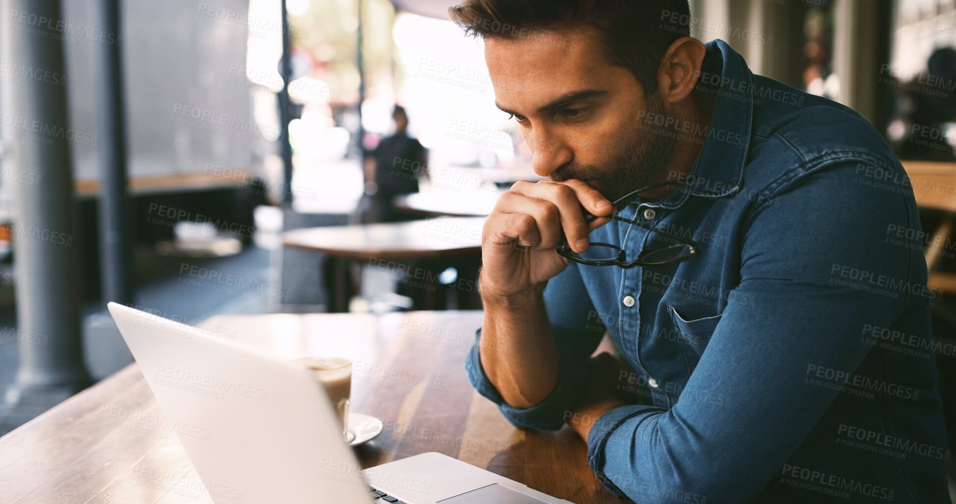 Buy stock photo Thinking, business and man in cafe, laptop and graphic designer with email for feedback. Person, freelancer and entrepreneur in restaurant, pc and creativity with website info, decision and solution