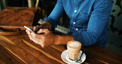 Buy stock photo Cafe, coffee and hands with smartphone for chat, online communication and scroll on social media. Closeup, person and espresso cup with mobile for application, message and connection on restaurant