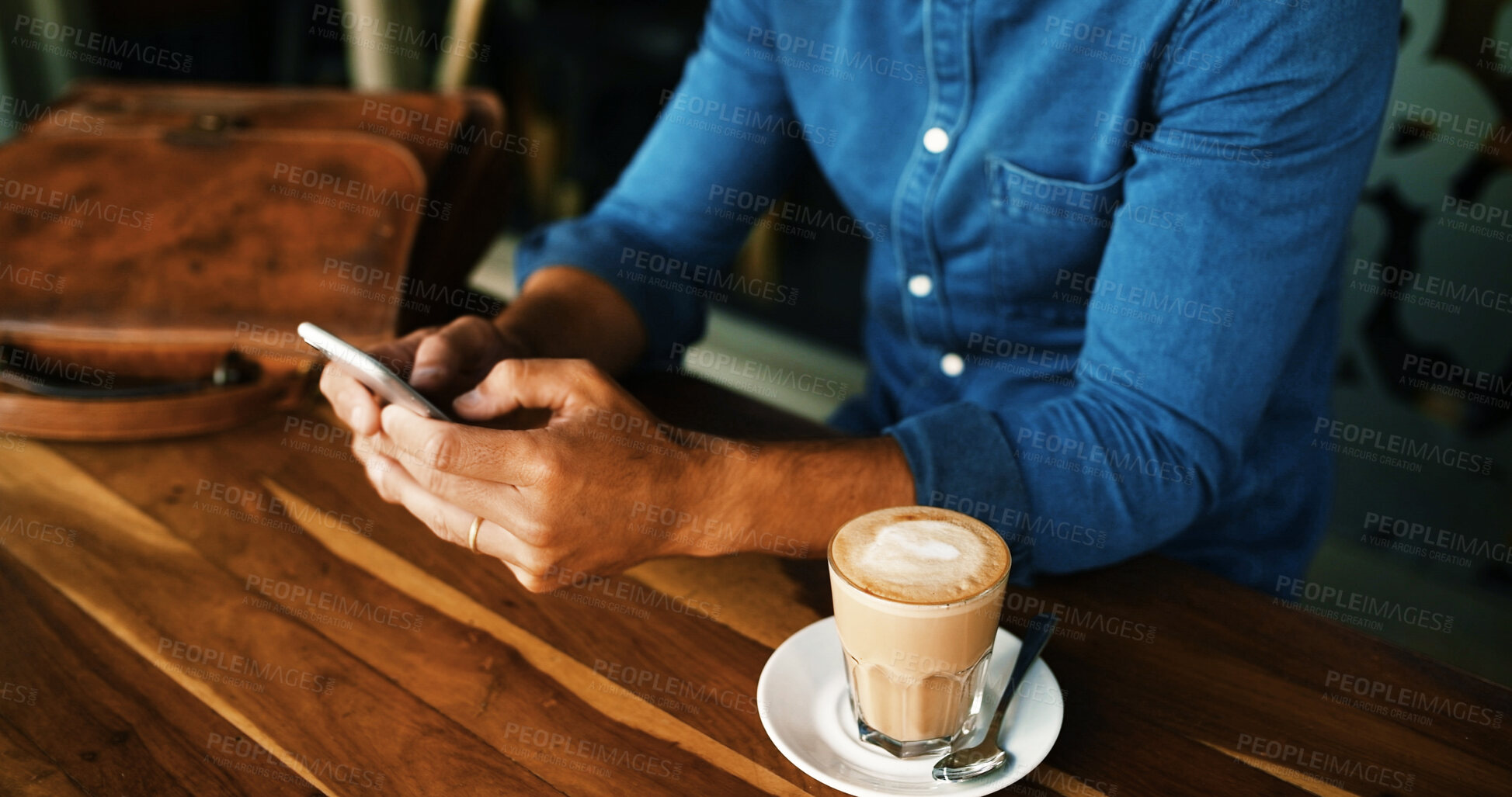 Buy stock photo Cafe, coffee and hands with smartphone for chat, online communication and scroll on social media. Closeup, person and espresso cup with mobile for application, message and connection on restaurant