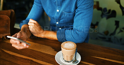 Buy stock photo Cafe, coffee and hands with smartphone for scroll, online communication and chat on social media. Closeup, person and espresso cup with mobile for application, message and connection on restaurant
