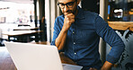 Thinking, laptop and man in cafe with ideas for startup business with creative project. Planning, computer and male journalist with freelance career at online magazine for publishing at coffee shop.
