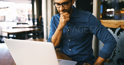 Buy stock photo Thinking, laptop and man in cafe with ideas for startup business with creative project. Planning, computer and male journalist with freelance career at online magazine for publishing at coffee shop.