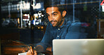 Coffee shop, thinking and man by window on laptop for writing ideas, proposal and research. Restaurant, cafe and person with notebook on computer for website, online project or report for remote work