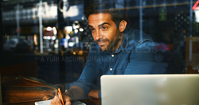 Buy stock photo Coffee shop, thinking and man by window for writing ideas, proposal and research on laptop. Cafe, freelancer and person with notebook on computer for website, online project or report for remote work