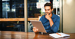 Planning, thinking and man in cafe, tablet and graphic designer with email for proposal. Person, freelancer and entrepreneur in restaurant, choice and creative project with decision, reading or ideas