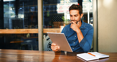 Buy stock photo Planning, thinking and man in cafe, tablet and graphic designer with email for proposal. Person, freelancer and entrepreneur in restaurant, choice and creative project with decision, reading or ideas