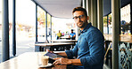 Portrait, remote work and tablet with man in cafe to research for small business startup. App, schedule and website with freelance employee outdoor in booth of coffee shop or restaurant as customer