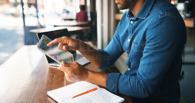 Buy stock photo Remote work, man or hands with tablet at cafe for blog editing, editor feedback or proofreading. Notebook, journalist and digital screen at outdoor bistro for story development and creative process