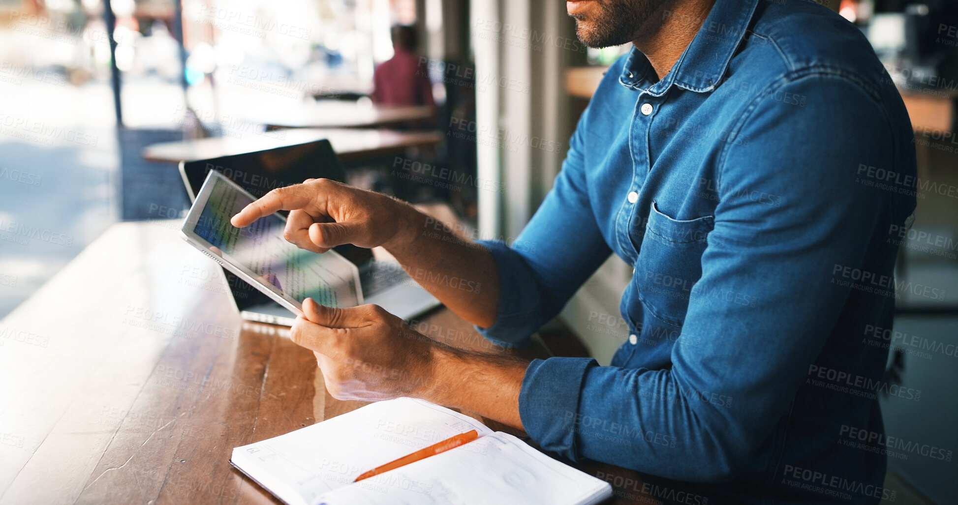 Buy stock photo Remote work, man or hands with tablet at cafe for blog editing, editor feedback or proofreading. Notebook, journalist and digital screen at outdoor bistro for story development and creative process
