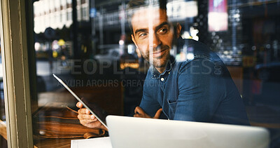 Buy stock photo Coffee shop, thinking and man by window on tablet for project ideas, remote work and research. Cafe, inspiration and person on tech and laptop for website, online networking and report for freelance