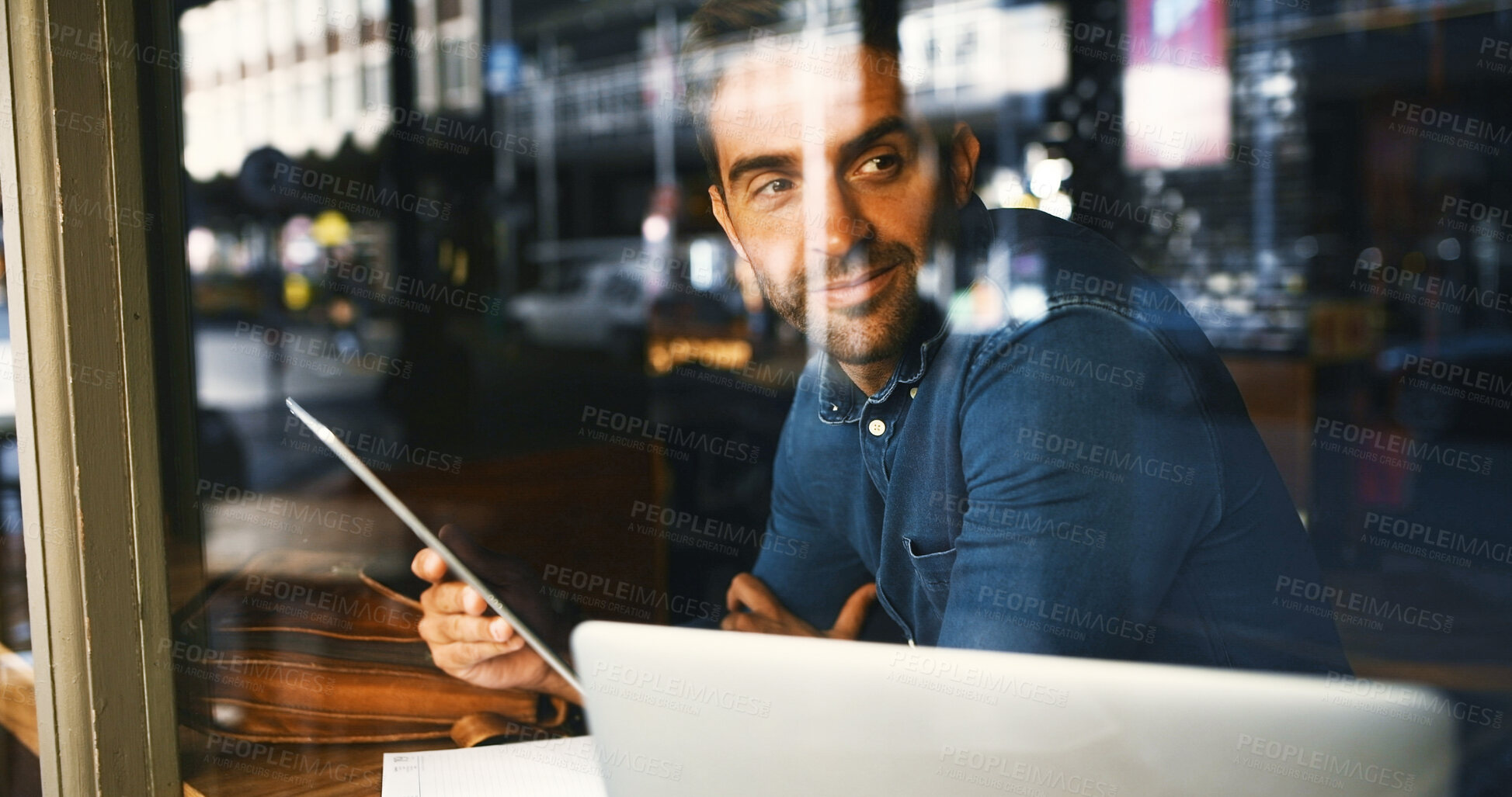 Buy stock photo Coffee shop, thinking and man by window on tablet for project ideas, remote work and research. Cafe, inspiration and person on tech and laptop for website, online networking and report for freelance