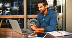Cafe, man and smile on laptop for remote work, article information and online blog for publication. Coffee shop, male person and content writer with tech for freelancer, newsletter and reading email