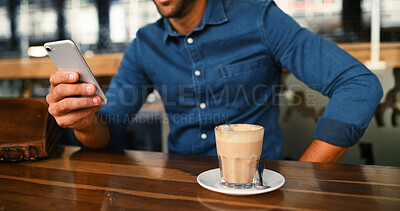 Buy stock photo Cafe, coffee and hands with smartphone for text, online communication and scroll on social media. Restaurant, person and espresso cup with mobile for application, message and connection with review