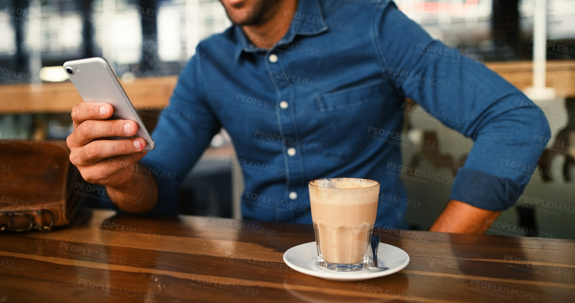 Buy stock photo Cafe, coffee and hands with smartphone for text, online communication and scroll on social media. Restaurant, person and espresso cup with mobile for application, message and connection with review