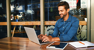 Buy stock photo Cafe, man and typing on laptop for remote work, article information and online blog for publication. Coffee shop, male person and content writer with digital for freelancer, newsletter and editing