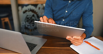Buy stock photo Remote work, person or hands with tablet at restaurant for reading email, research or submission. Freelancer, journalist and digital app at bistro for proofreading article, creative ideas or editing
