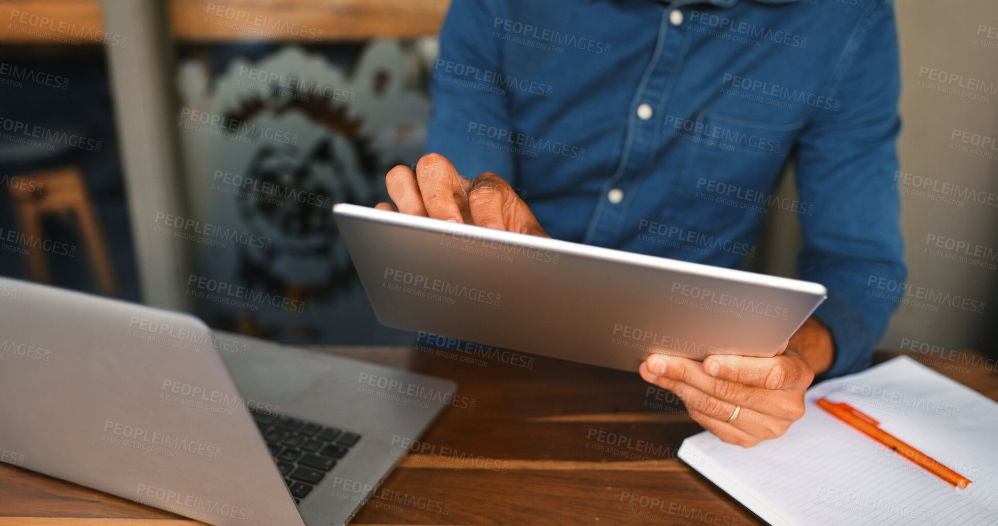 Buy stock photo Remote work, person or hands with tablet at restaurant for reading email, research or submission. Freelancer, journalist and digital app at bistro for proofreading article, creative ideas or editing