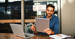 Tablet, smile and man in cafe for hybrid work, update review and journalist check email. Technology, coffee shop and freelancer on internet for news, editing report and reading headline for article