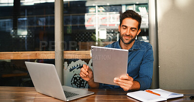 Buy stock photo Tablet, smile and man in cafe for hybrid work, update review and journalist check email. Technology, coffee shop and freelancer on internet for news, editing report and reading headline for article