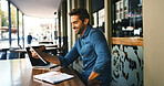 Remote work, man or happy with tablet at cafe for editor feedback, publication approval or research. Freelancer, journalist and digital app at outdoor bistro for proofreading article and editing blog