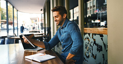 Buy stock photo Remote work, man or happy with tablet at cafe for editor feedback, publication approval or research. Freelancer, journalist and digital app at outdoor bistro for proofreading article and editing blog