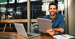 Portrait, smile and tablet with man in coffee shop to research for small business startup. Laptop, schedule and website with happy freelance employee in booth of cafe or restaurant as customer