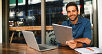 Cafe, man and portrait on tablet for freelancer, article information or online blog for publication. Coffee shop, male person or content writer with laptop for remote work, newsletter or scroll email